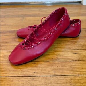 Red Lace-Up Ballet Flats - Women